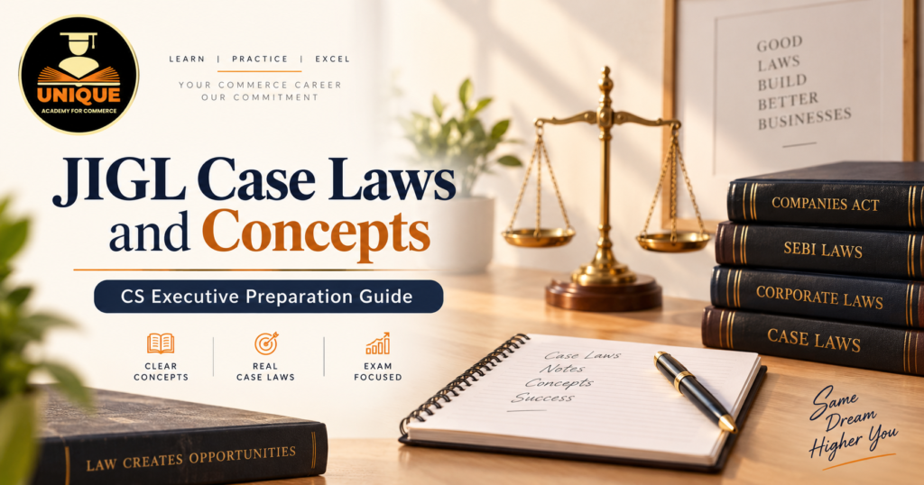 JIGL Case Laws and Concepts preparation guide for CS Executive with law books, case-law notes and legal study setup