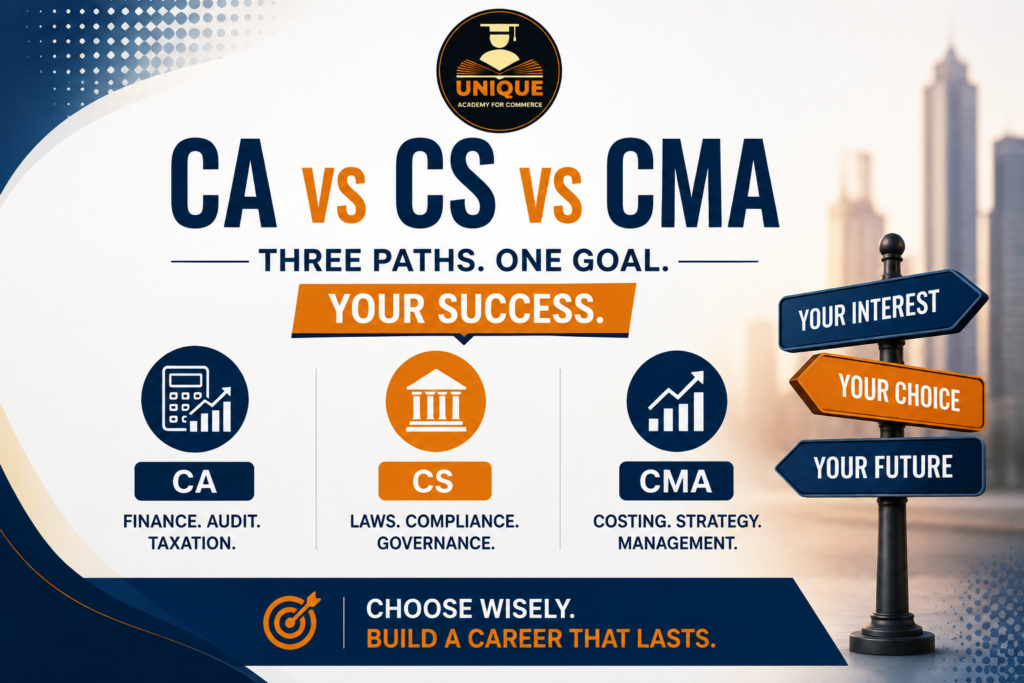 CA vs CS vs CMA career comparison showing finance, laws, costing and management