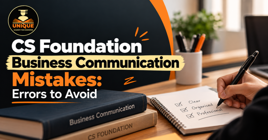 CS Foundation Business Communication Mistakes blog cover showing a student writing notes with business communication books on a study desk