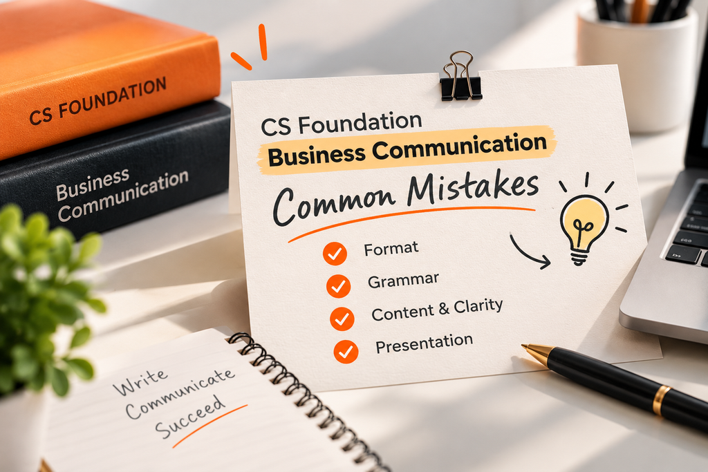 CS Foundation Business Communication Mistakes middle blog image showing common mistakes like format, grammar, content clarity and presentation]