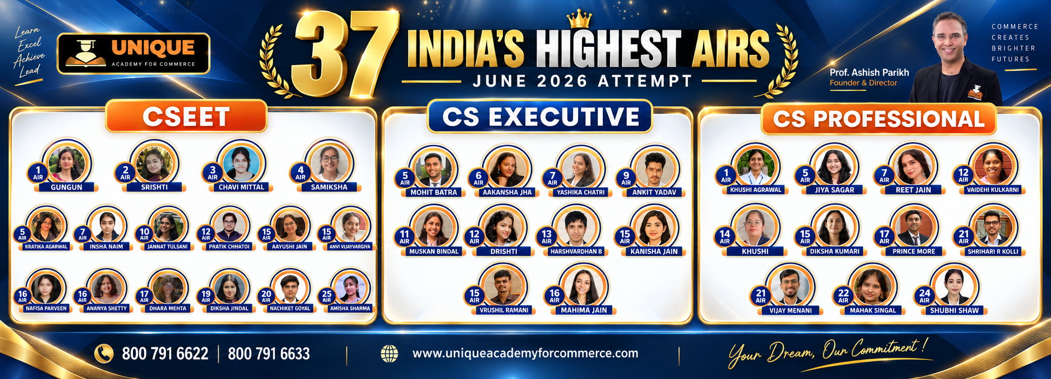 Unique Academy for Commerce - 37 India's Highest AIRs, June 2026 attempt - CSEET, CS Executive and CS Professional rankers
