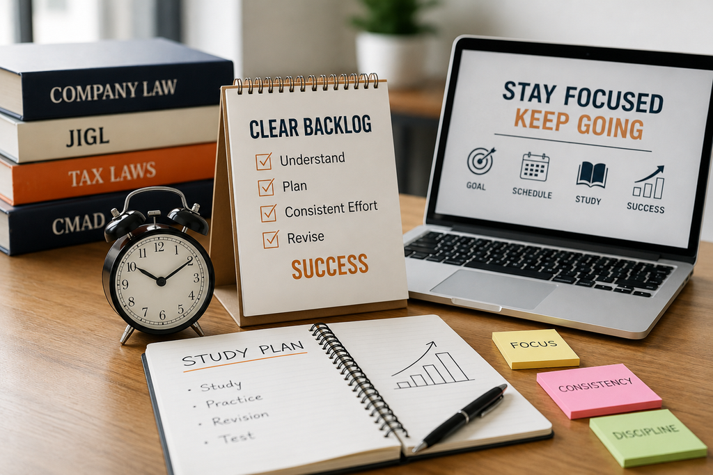 CS Executive backlog study plan with Company Law books, revision checklist, laptop and focused exam preparation strategy.
