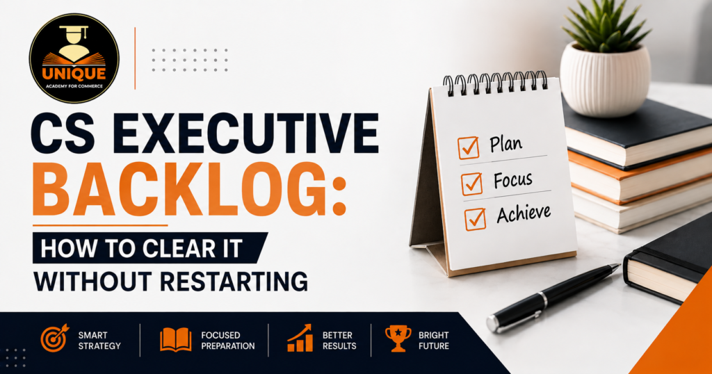 CS Executive backlog preparation strategy showing a study plan, focus checklist, books and exam preparation setup.