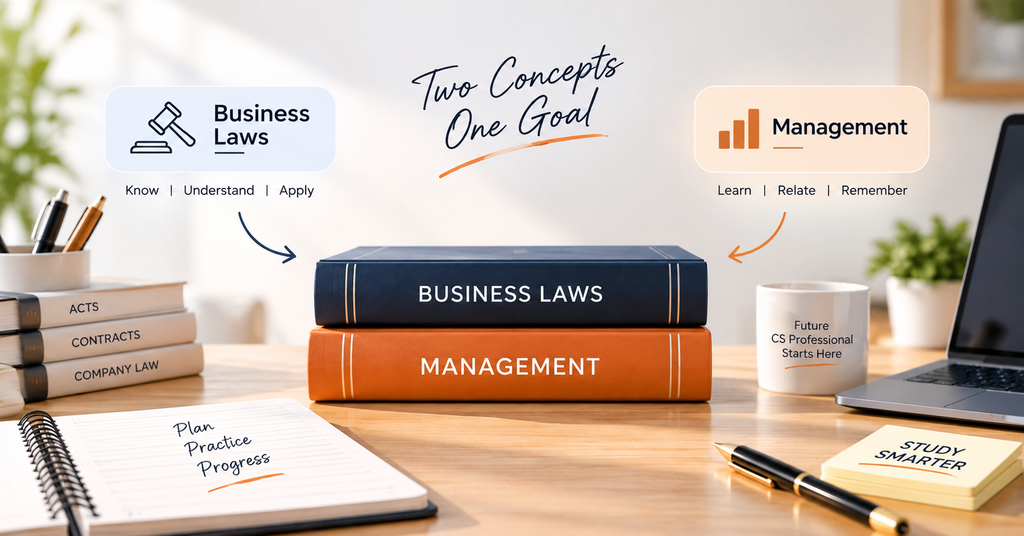 CSEET Business Laws and Management study strategy showing business laws, management concepts and revision planning