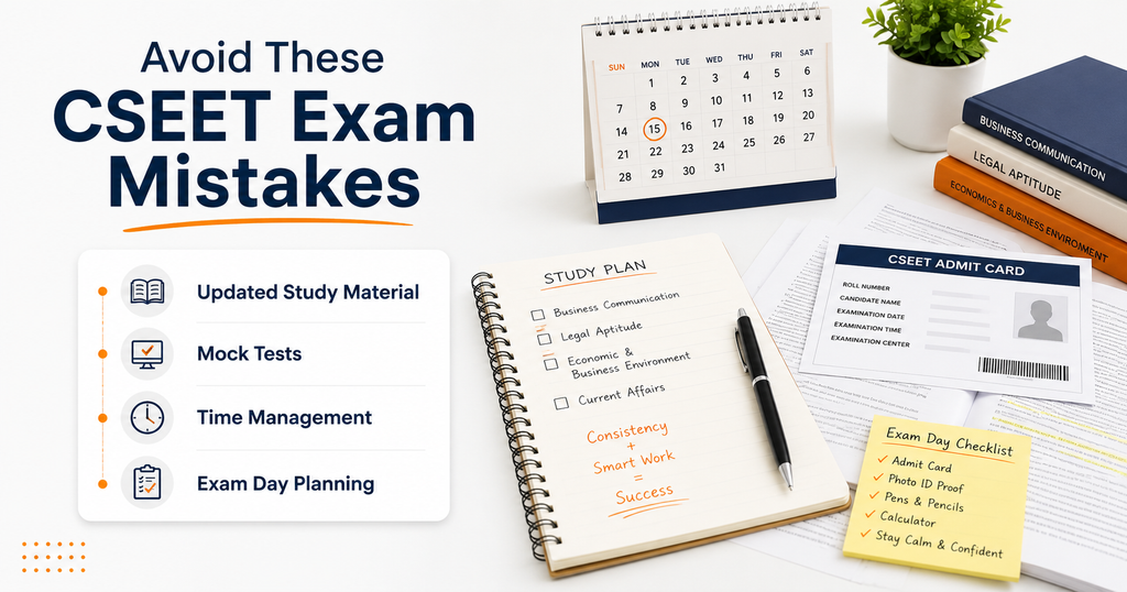 CSEET Exam Mistakes 2026 infographic showing updated study material, mock tests, time management, study planning and exam-day preparation.