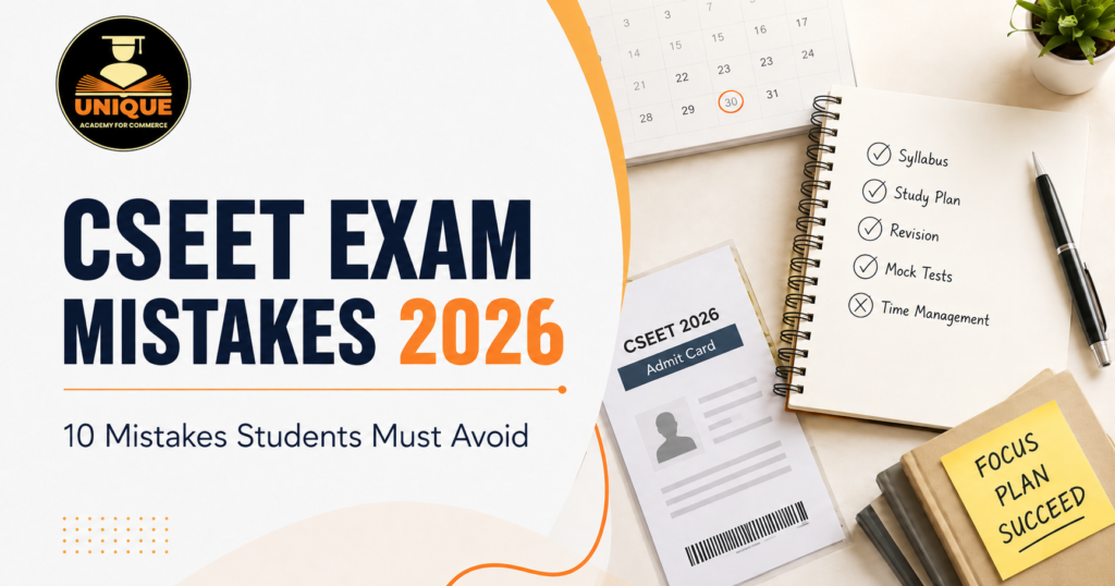 CSEET Exam Mistakes 2026 cover image showing common preparation mistakes, study planning, mock tests, revision and exam-day preparation.