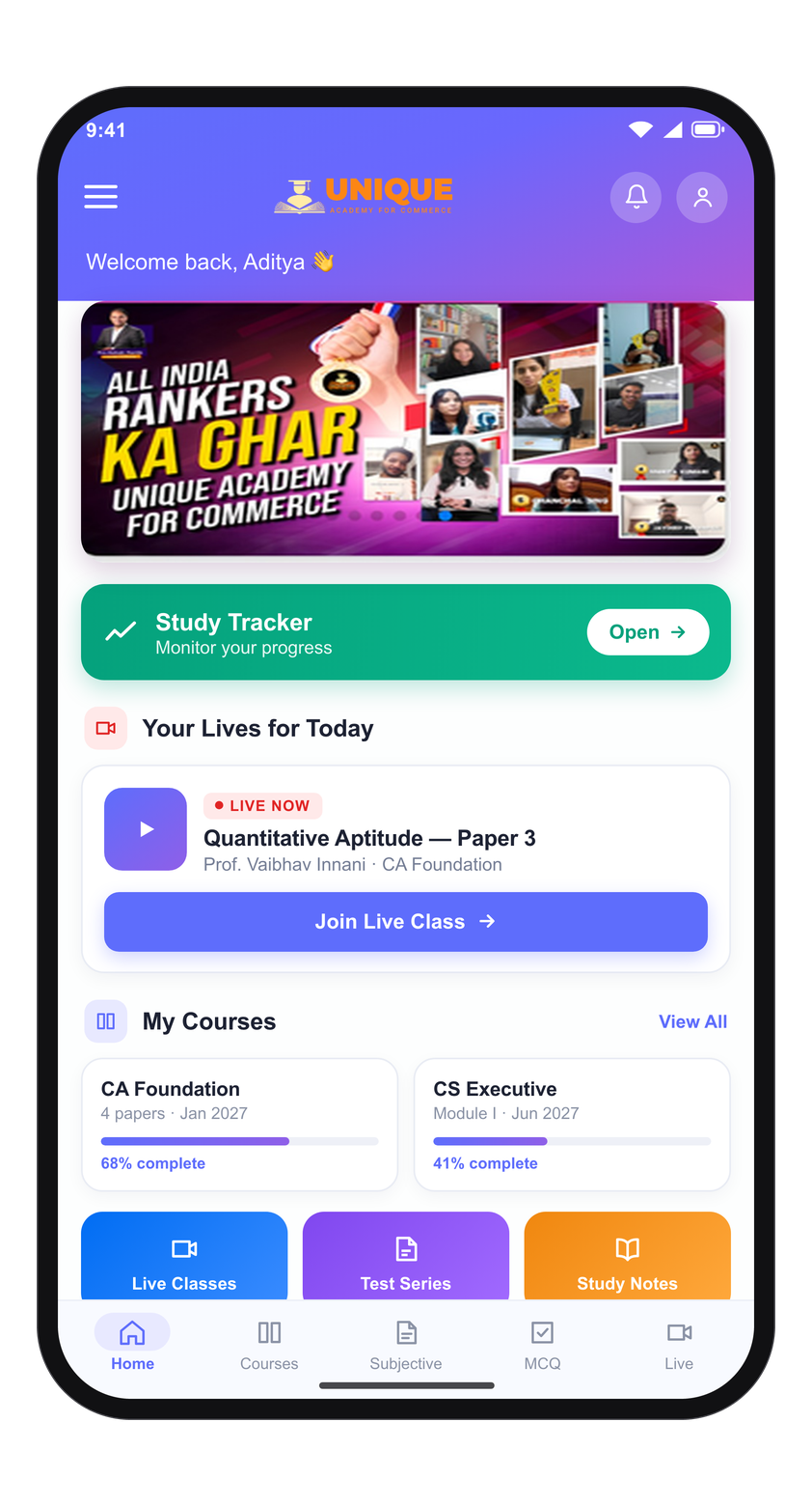Unique Academy app home screen with courses and live classes