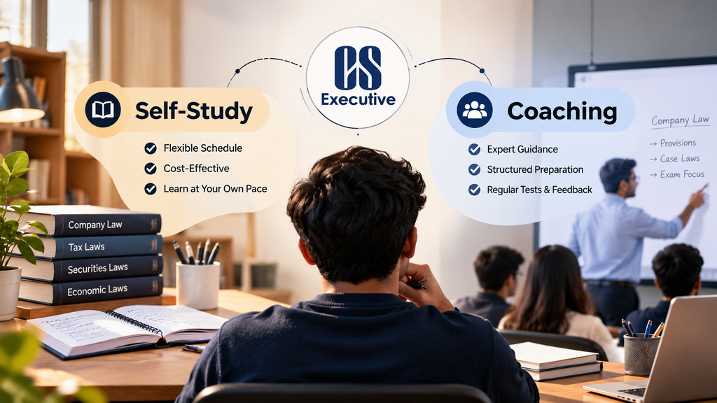 CS Executive self-study vs coaching comparison showing flexibility, expert guidance, structured preparation and regular feedback