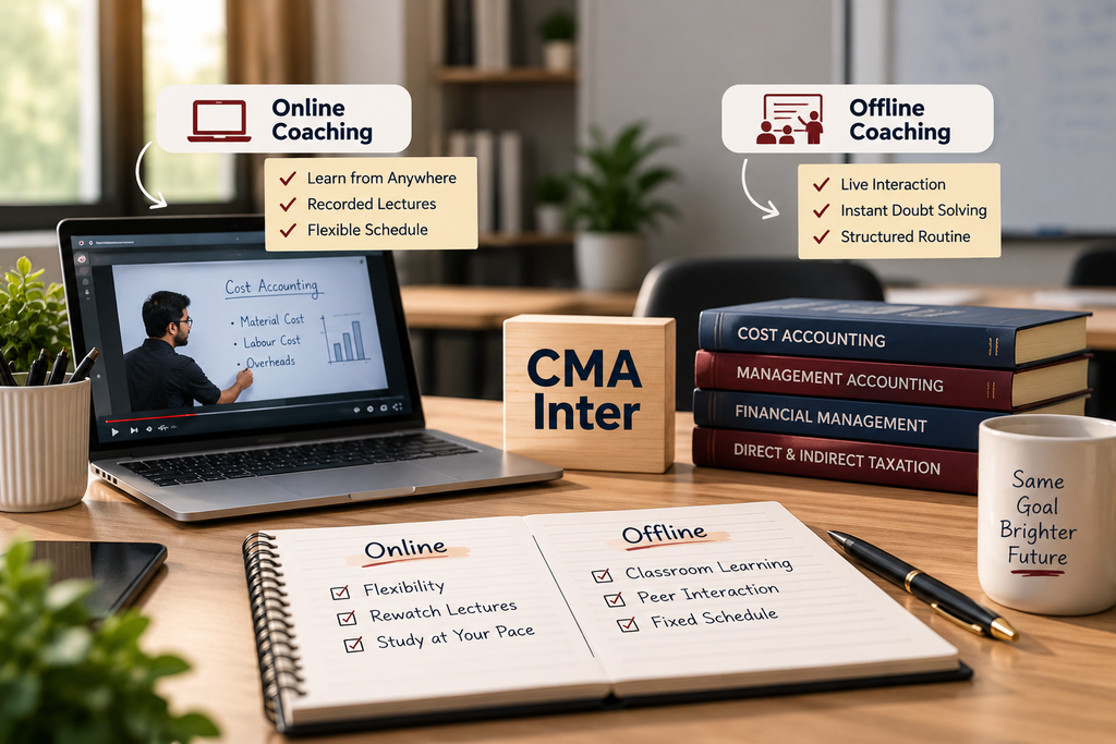 CMA Inter coaching comparison showing online flexibility, recorded lectures, classroom interaction and structured learning