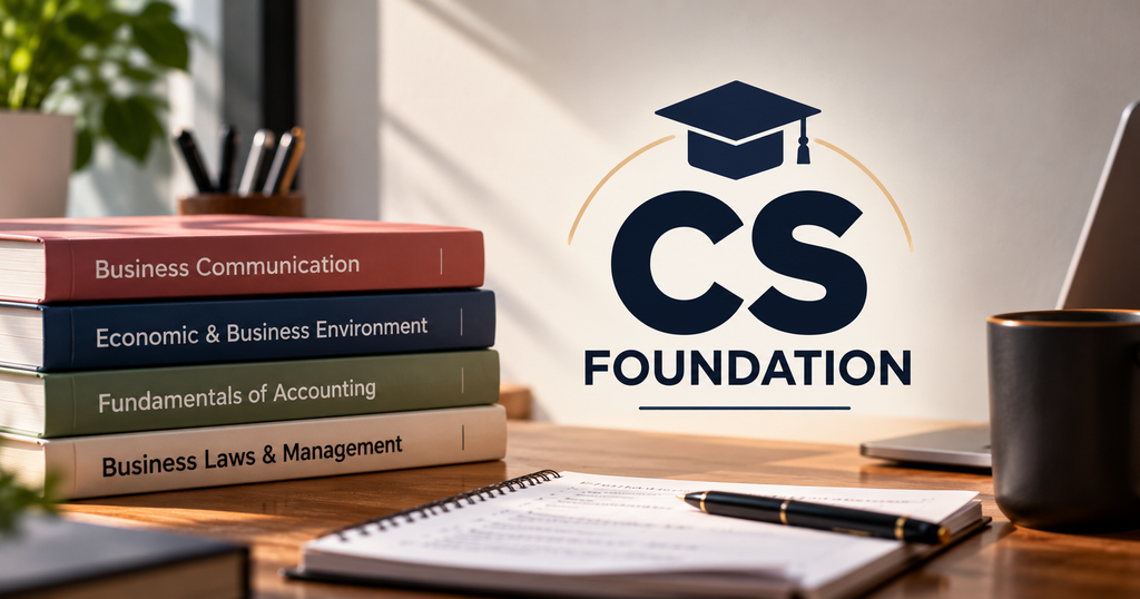 CS Foundation study setup showing Business Communication, Accounting, Economic and Business Environment, and Business Laws and Management
