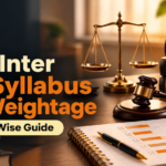 CMA Inter Law Syllabus and Weightage blog cover showing law books, scales of justice, gavel and chapter-wise study planning