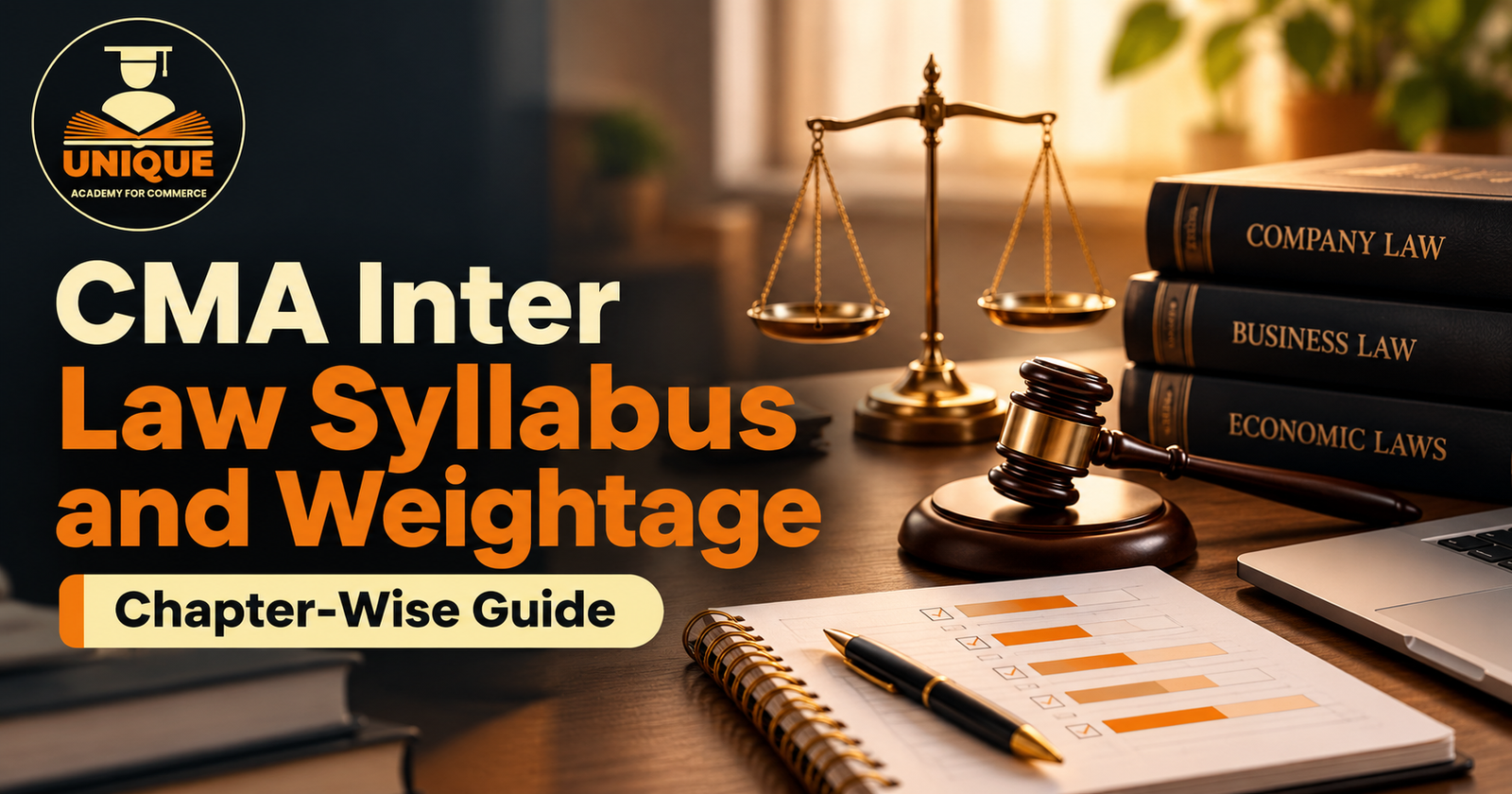 CMA Inter Law Syllabus and Weightage blog cover showing law books, scales of justice, gavel and chapter-wise study planning