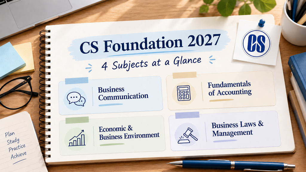 CS Foundation Syllabus 2027 showing four CSEET subjects including Business Communication, Fundamentals of Accounting, Economics and Business Laws