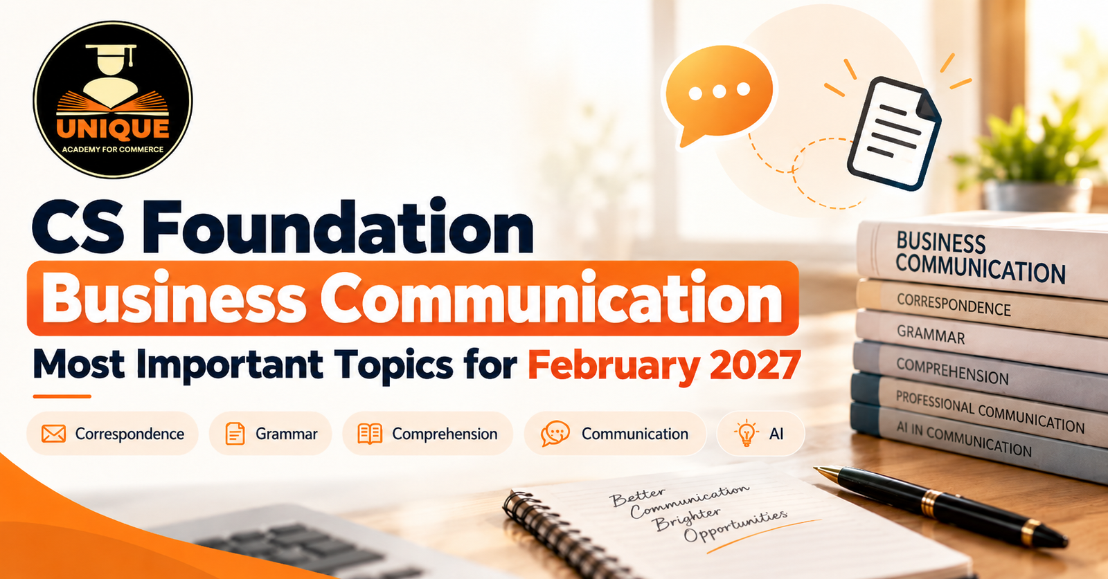 Blog cover image for Most Important Topics in CS Foundation Business Communication for February 2027 featuring key areas like correspondence, grammar, comprehension, communication and AI