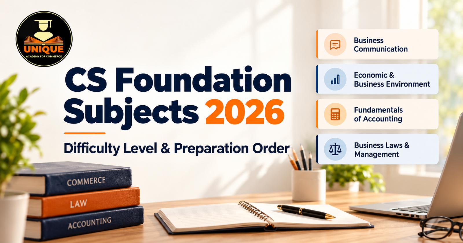 CS Foundation Subjects 2026 cover image showing subject difficulty level and preparation order with Business Communication, Economic and Business Environment, Fundamentals of Accounting, and Business Laws and Management
