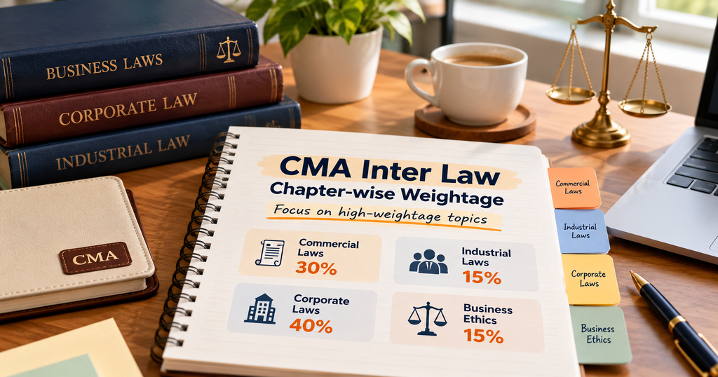 CMA Inter Law chapter-wise weightage showing Commercial Laws 30%, Industrial Laws 15%, Corporate Laws 40% and Business Ethics 15%