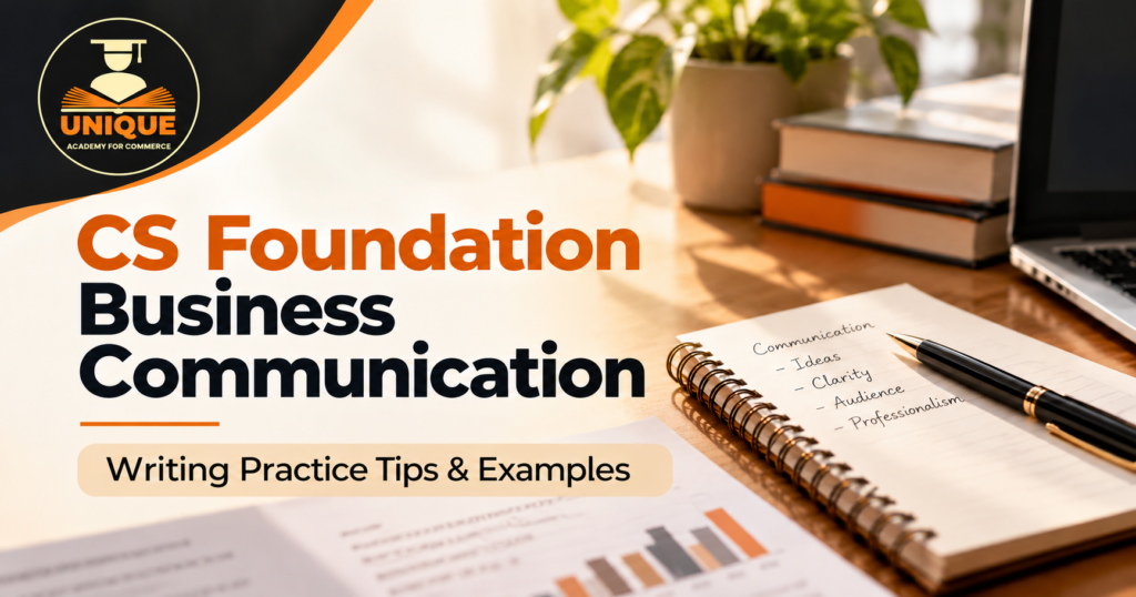 CS Foundation Business Communication writing practice tips and examples blog cover with study desk, notebook, laptop and Unique Academy for Commerce logo