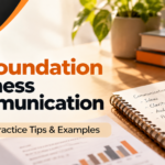 CS Foundation Business Communication writing practice tips and examples blog cover with study desk, notebook, laptop and Unique Academy for Commerce logo