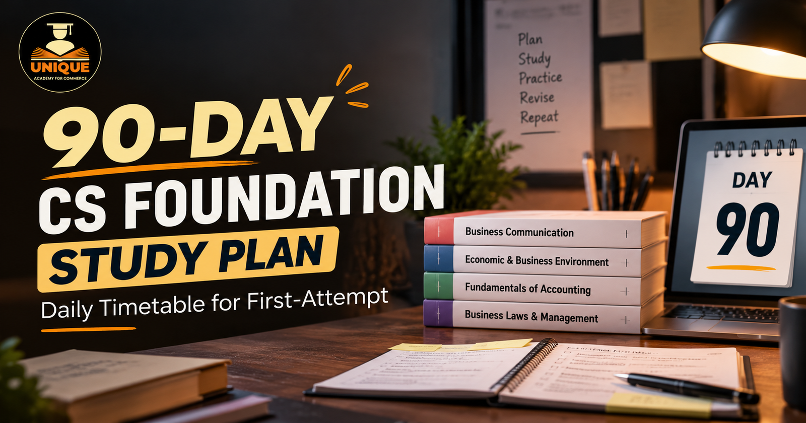 90-Day CS Foundation Study Plan with daily timetable, four CSEET subjects and first-attempt preparation strategy