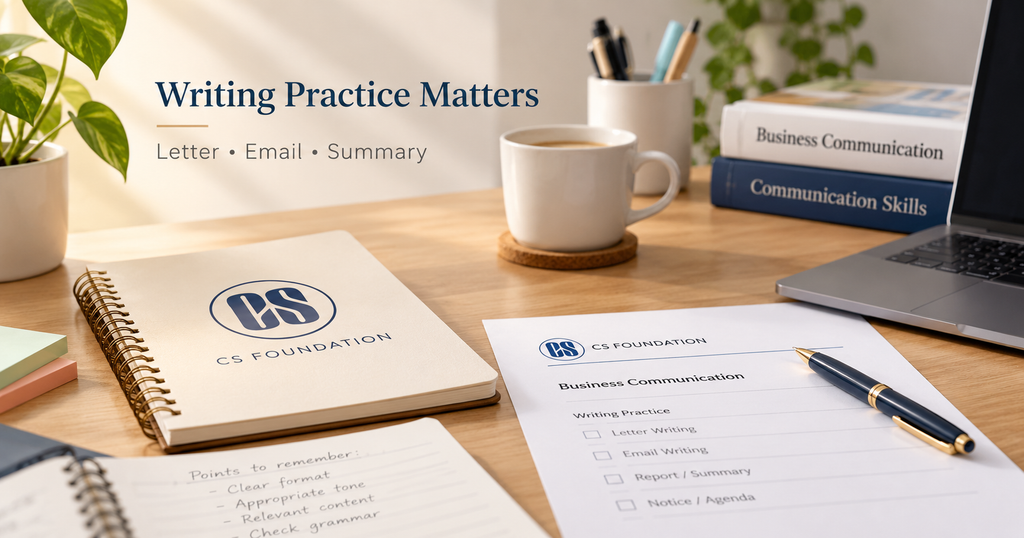 CS Foundation Business Communication writing practice image with notebook, study checklist, laptop, coffee mug and CS Foundation logo on desk