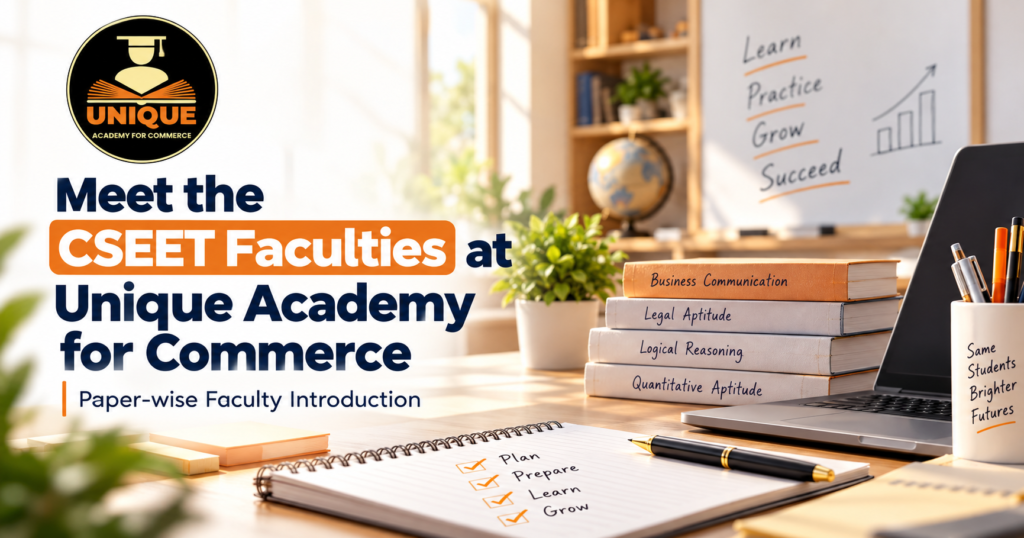 CSEET Faculties at Unique Academy for Commerce with subject-wise guidance for Business Communication, Accounting, Economics and Business Laws