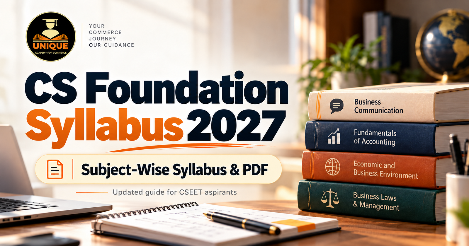 CS Foundation Syllabus 2027 blog cover showing Business Communication, Accounting, Economic and Business Environment, and Business Laws and Management