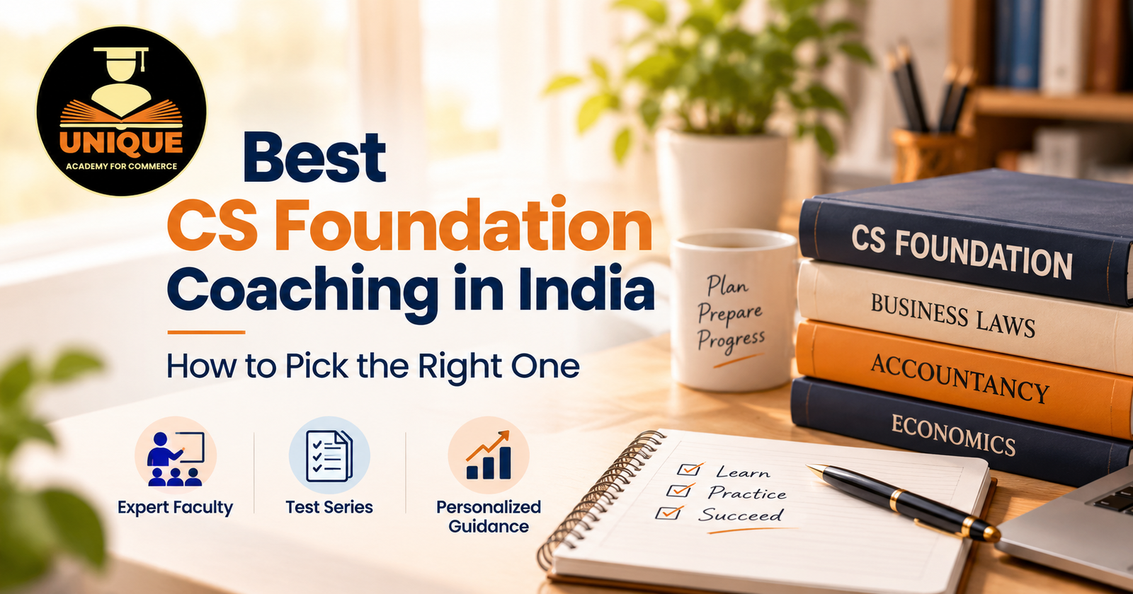 Best CS Foundation Coaching in India guide showing expert faculty, test series, personalized guidance and CS Foundation study material