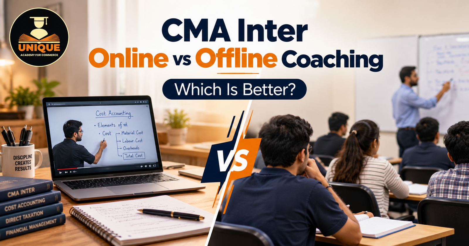 CMA Inter online vs offline coaching comparison showing online classes and classroom learning for CMA Inter students